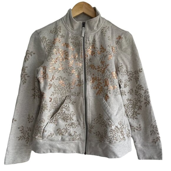 Chico's Zenergy Gray Sweatshirt Rose Gold Bronze Leaf Size 1 or US M/8 - Picture 1 of 10